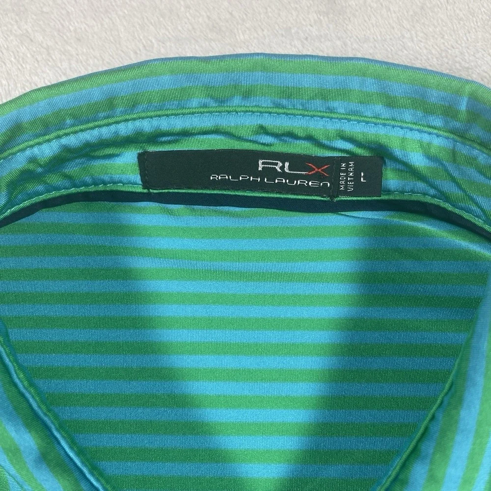 RLX Ralph Lauren Polo Shirt Mens Large Blue/Green Stripe Golf Stretch Wicking